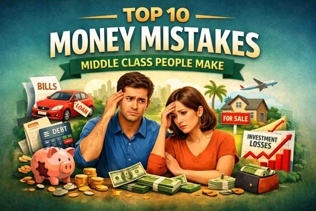 Worried middle‑class couple surrounded by financial icons like bills, loans, debt, and investment losses, illustrating common money mistakes.