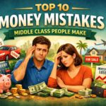 Worried middle‑class couple surrounded by financial icons like bills, loans, debt, and investment losses, illustrating common money mistakes.