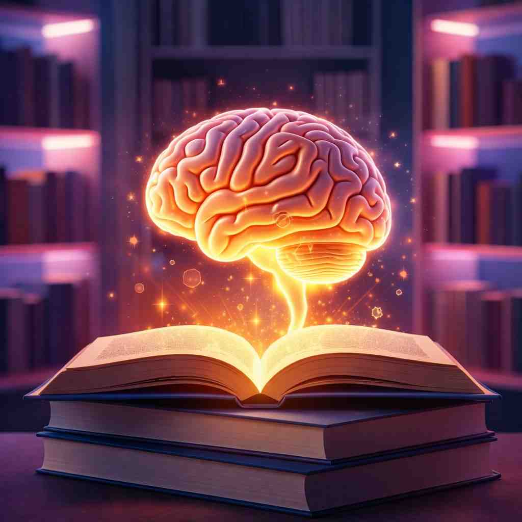 illustration of an open glowing book with a radiant brain above, symbolizing how reading sharpens and expands the mind.