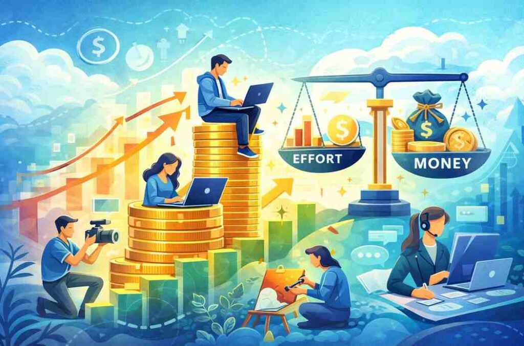 Illustration showing diverse side hustles in 2026 — freelancers, creators, and remote workers earning money, with coins, laptops, and a balance scale symbolizing effort versus financial return.
