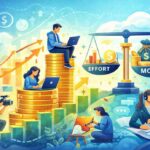 Illustration showing diverse side hustles in 2026 — freelancers, creators, and remote workers earning money, with coins, laptops, and a balance scale symbolizing effort versus financial return.