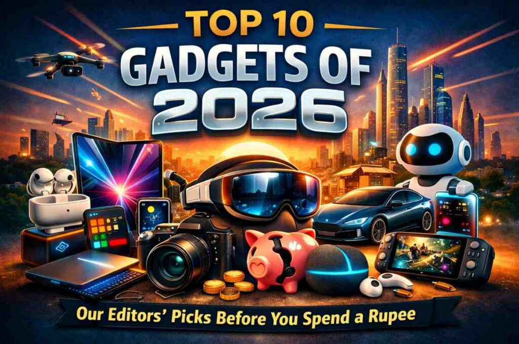 Futuristic gadgets of 2026 including foldable smartphone, VR headset, smartwatch, power bank, printer, gaming, e-reader, apple, airpods, TV, camera, laptop