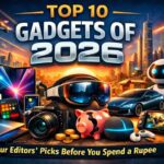 Futuristic gadgets of 2026 including foldable smartphone, VR headset, smartwatch, power bank, printer, gaming, e-reader, apple, airpods, TV, camera, laptop
